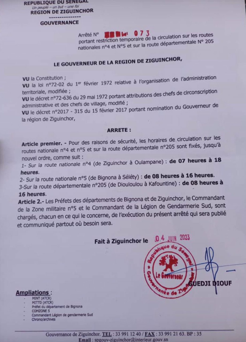 Ziguinchor : restriction temporaire de la circulation sur les routes nationales n4et5 Ziguinchor : restriction temporaire de la circulation sur les routes nationales n4et5