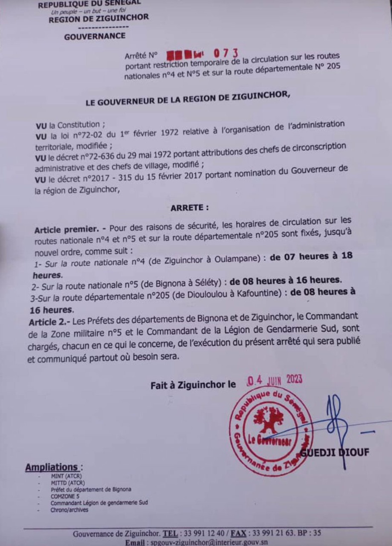 Ziguinchor : restriction temporaire de la circulation sur les routes nationales n4et5