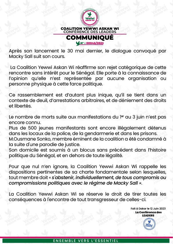 Dialogue national : Yewi askanwi affirme son refus catégorique de participer au dialogue et met en garde ses membres Dialogue national : Yewi askanwi affirme son refus catégorique de participer au dialogue et met en garde ses membres