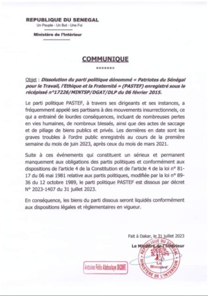 [Document] L’Etat dissout PASTEF