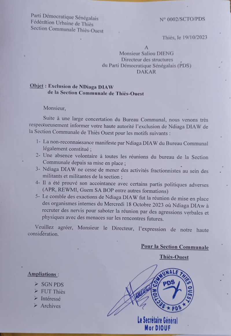 PDS Thiès : Exclusion de Ndiaga Diaw de la section communale de Thiès-Ouest