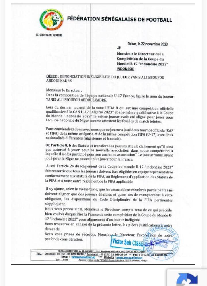 Coupe du monde U17 : la Fédération Sénégalaise de Football (FSF) a officiellement contesté la participation du joueur franco-nigérien  pour la France 