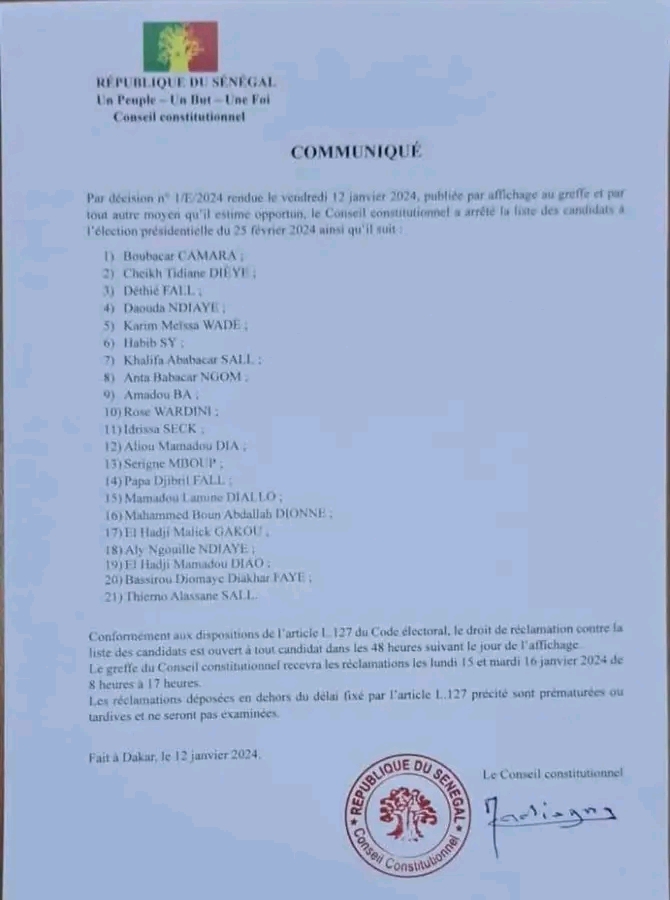 Le Conseil constitutionnel a publié la liste provisoire des  candidats à la candidature pour l’élection présidentielle du 25 février 2024