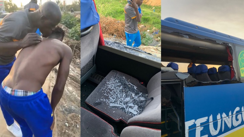 LIGUE 1 : Attaque du bus de Teungueth FC après le match, des joueurs blessés LIGUE 1 : Attaque du bus de Teungueth FC après le match, des joueurs blessés