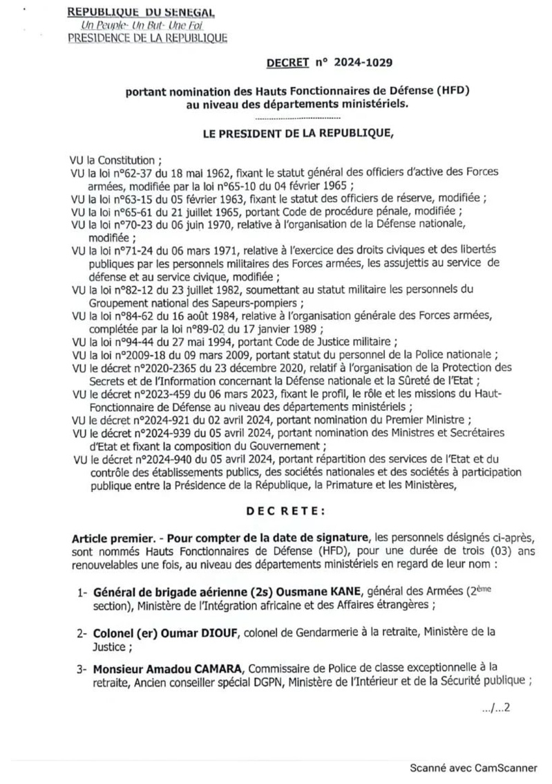 Nouvelles nominations de Hauts fonctionnaires de défense par le président Diomaye : 24 officiers supérieurs désignés