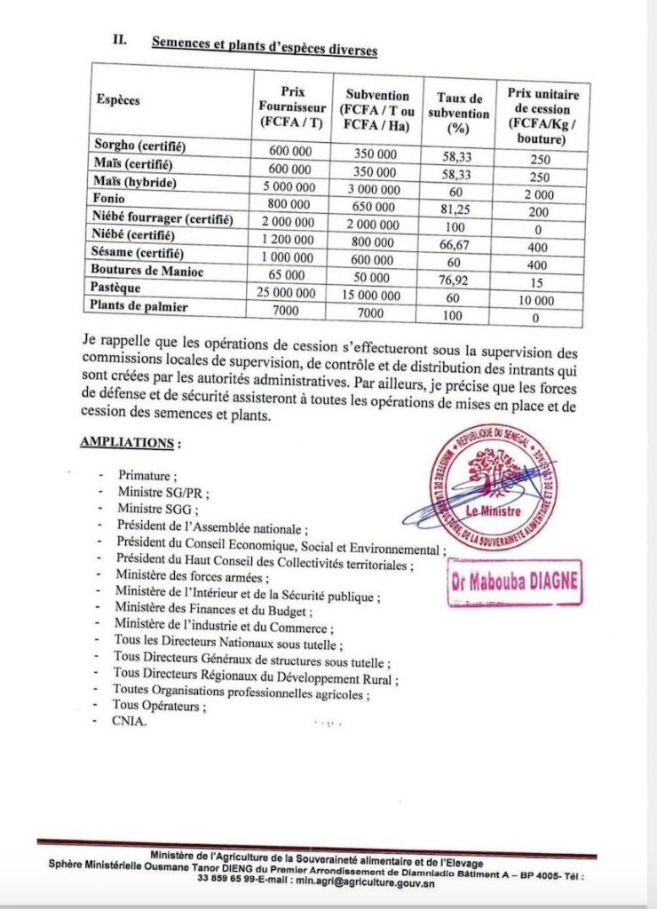 Tarifs des semences pour la nouvelle campagne agricole