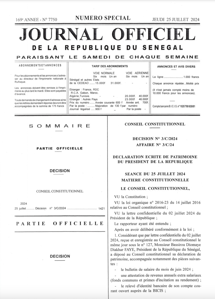 Publication Officielle : La Déclaration de Patrimoine du Président Bassirou Diomaye Diakhar Faye Publication Officielle : La Déclaration de Patrimoine du Président Bassirou Diomaye Diakhar Faye