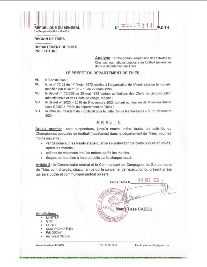 Thiès : Suspension des navétanes en raison de violences et de troubles à l’ordre public Thiès : Suspension des navétanes en raison de violences et de troubles à l’ordre public