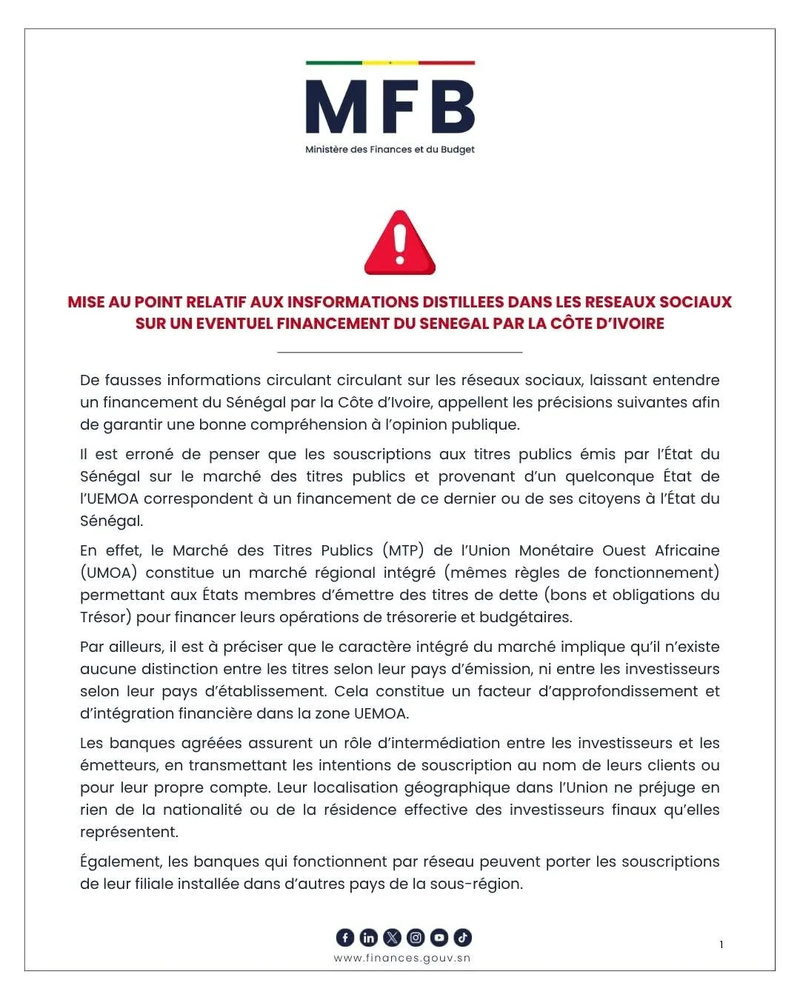 Le ministère des Finances réfute les rumeurs d’un prêt direct de 77 milliards FCFA par la Côte d’Ivoire Le ministère des Finances réfute les rumeurs d’un prêt direct de 77 milliards FCFA par la Côte d’Ivoire