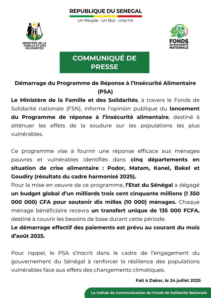Insécurité alimentaire : le Sénégal lance un programme d’urgence pour 10 000 ménages vulnérables