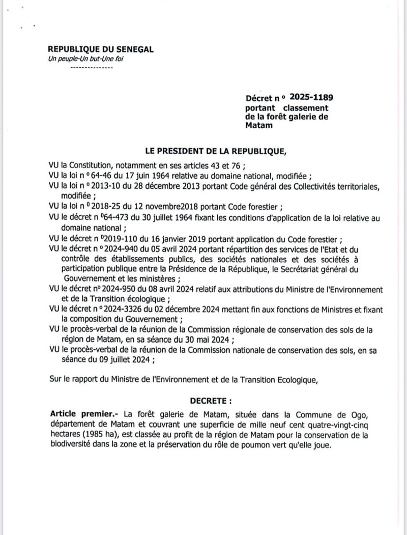 La forêt galerie de Matam classée pour protéger la biodiversité et renforcer la transition écologique La forêt galerie de Matam classée pour protéger la biodiversité et renforcer la transition écologique