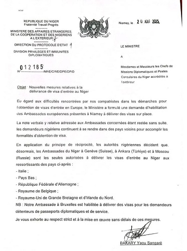 Le Niger impose un visa plus strict pour plusieurs pays européens en représailles Le Niger impose un visa plus strict pour plusieurs pays européens en représailles
