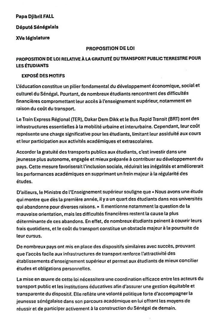 Gratuité du transport public : Papa Djibril Fall dépose une proposition de loi en faveur des étudiants Gratuité du transport public : Papa Djibril Fall dépose une proposition de loi en faveur des étudiants