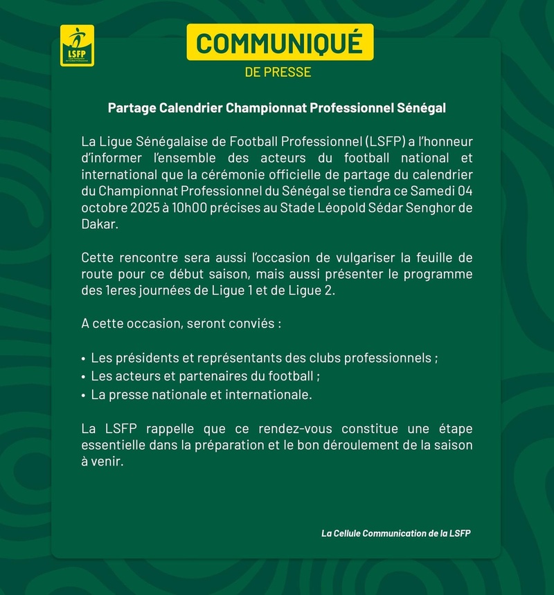 La Ligue sénégalaise de football professionnel : présentation du calendrier du championnat pro ce samedi à Dakar La Ligue sénégalaise de football professionnel : présentation du calendrier du championnat pro ce samedi à Dakar