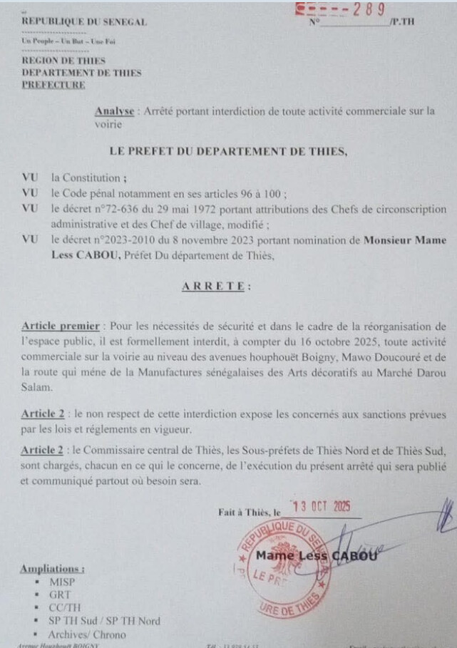 Thiès : Le préfet interdit toute activité commerciale sur plusieurs axes de la ville Thiès : Le préfet interdit toute activité commerciale sur plusieurs axes de la ville