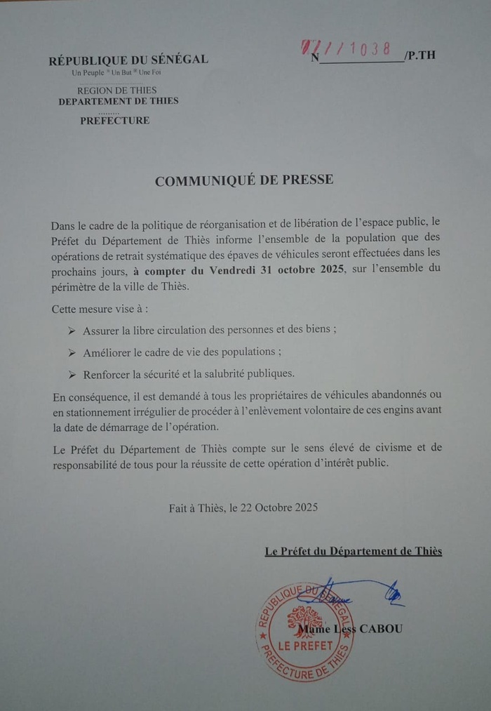 Thiès : le préfet annonce le retrait systématique des épaves de véhicules à partir du 31 octobre Thiès : le préfet annonce le retrait systématique des épaves de véhicules à partir du 31 octobre