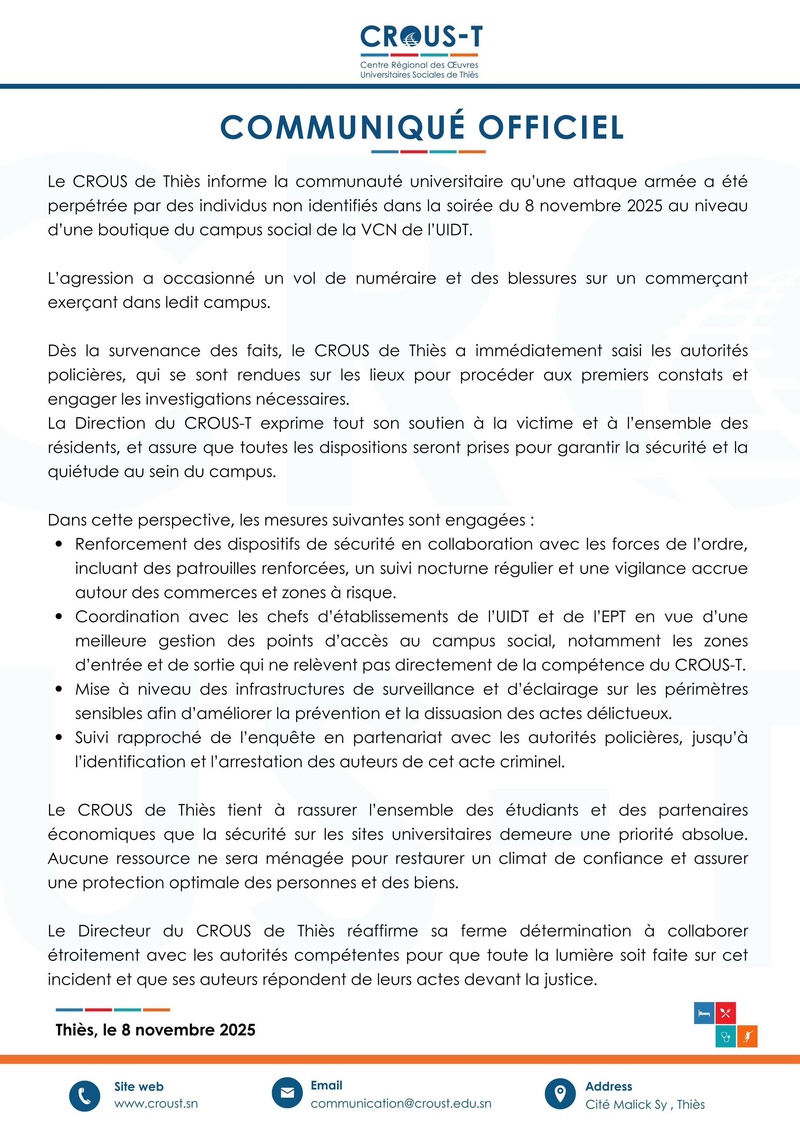 Thiès : Incident au campus – Le CROUS/T renforce drastiquement la sécurité Thiès : Incident au campus – Le CROUS/T renforce drastiquement la sécurité