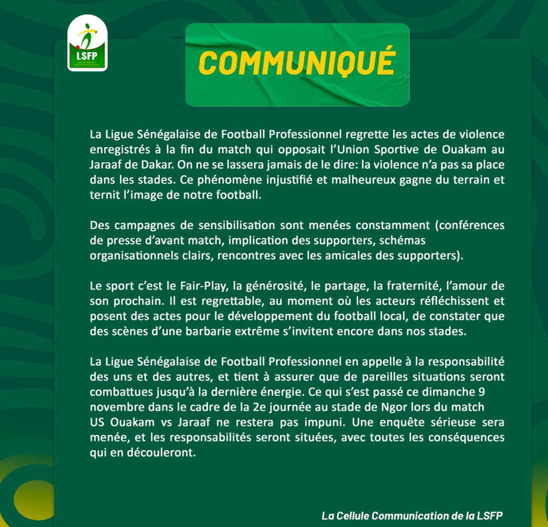 La Ligue sénégalaise de football professionnel  ouvre une enquête après les incidents survenus lors du match US Ouakam–Jaraaf