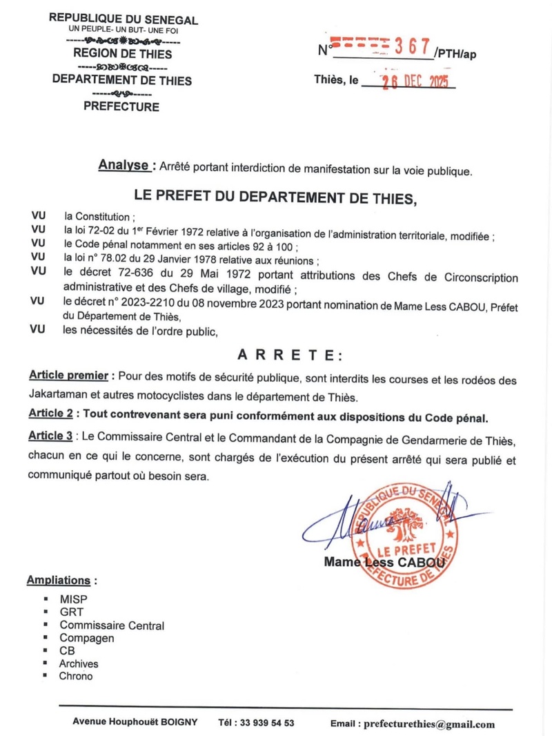 Thiès : les courses de motos Jakarta désormais interdites dans tout le département Thiès : les courses de motos Jakarta désormais interdites dans tout le département
