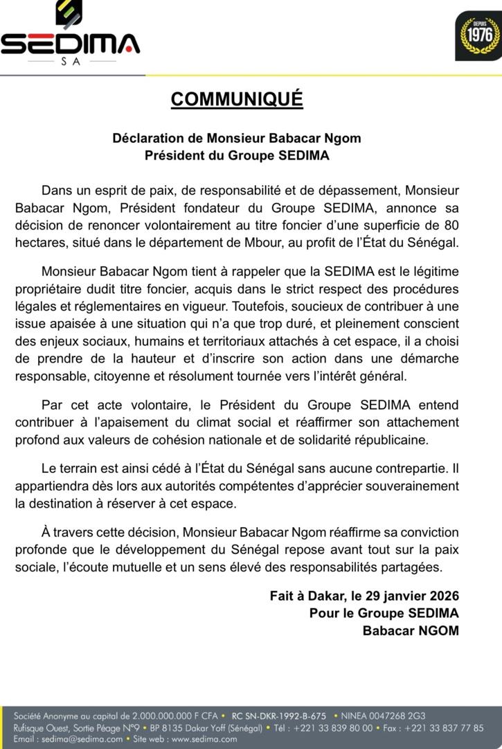 Litige foncier à Mbour : le fondateur de SEDIMA renonce à 80 hectares en faveur de l’État