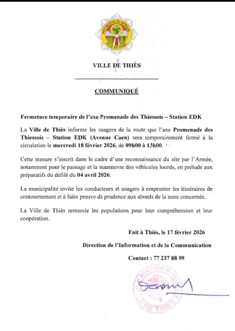 Thiès : circulation suspendue sur la Promenade des Thiessois le 18 février