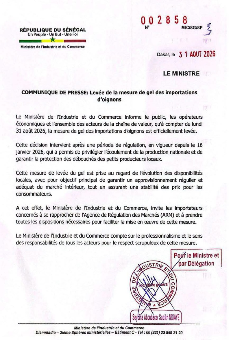 Sénégal : le gel des importations d’oignons officiellement levé Sénégal : le gel des importations d’oignons officiellement levé