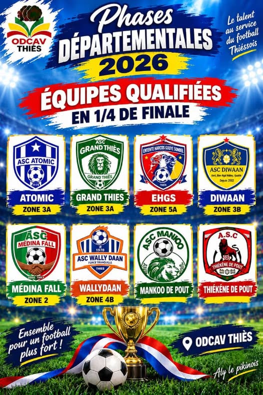 Tableau des équipes qualifiées diffusé par Pii Kara dans le groupe Facebook Navetane THIÉS. Visuel signé Aly le pikinois.