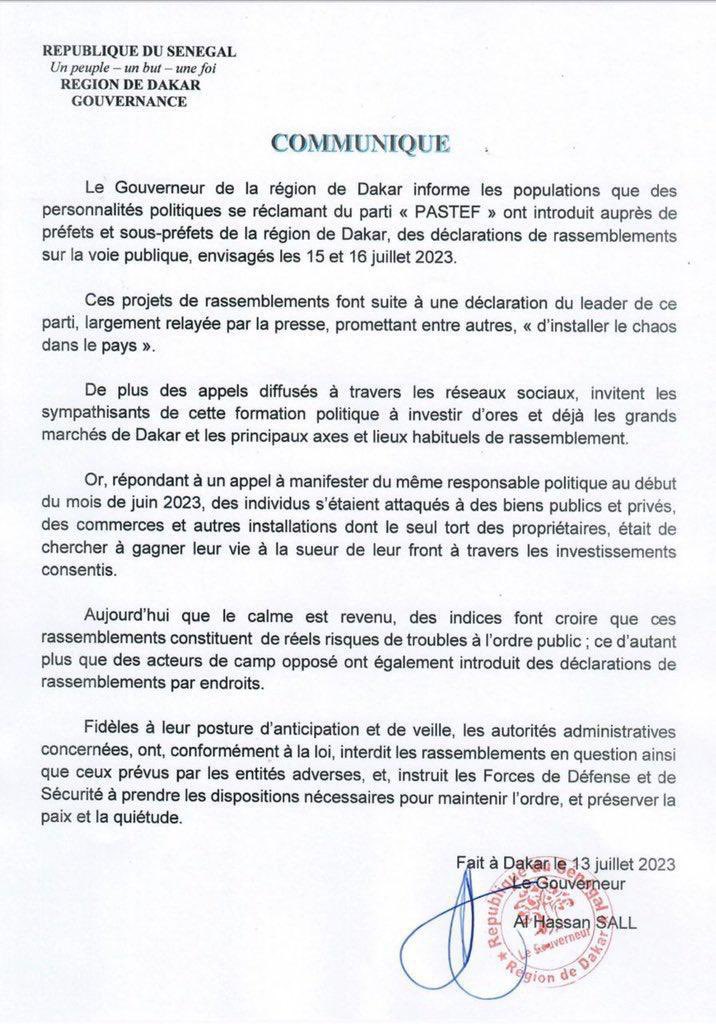 Investiture de Sonko : Le gouverneur de Dakar interdit cette manifestation...