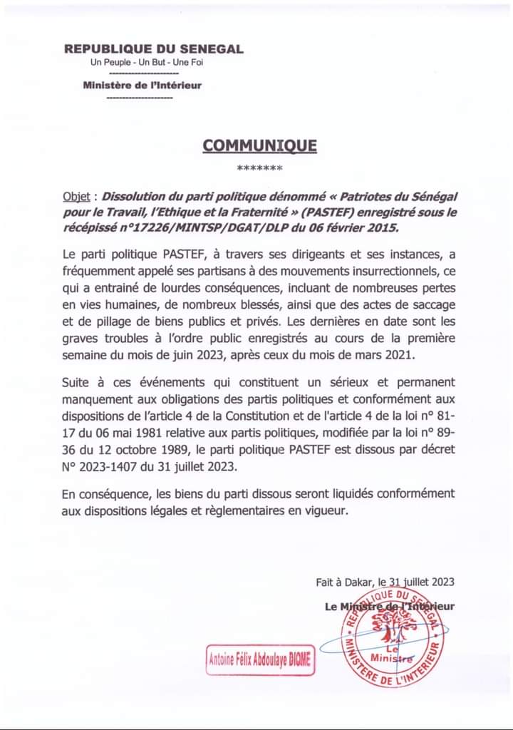 L’Etat dissout PASTEF