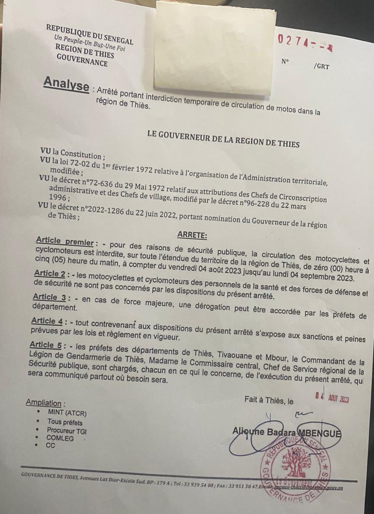 Thiès : Le Gouverneur de la région interdit la circulation des motocycles de 00 heure à 05 heures du matin du O4 pour une durée de un mois