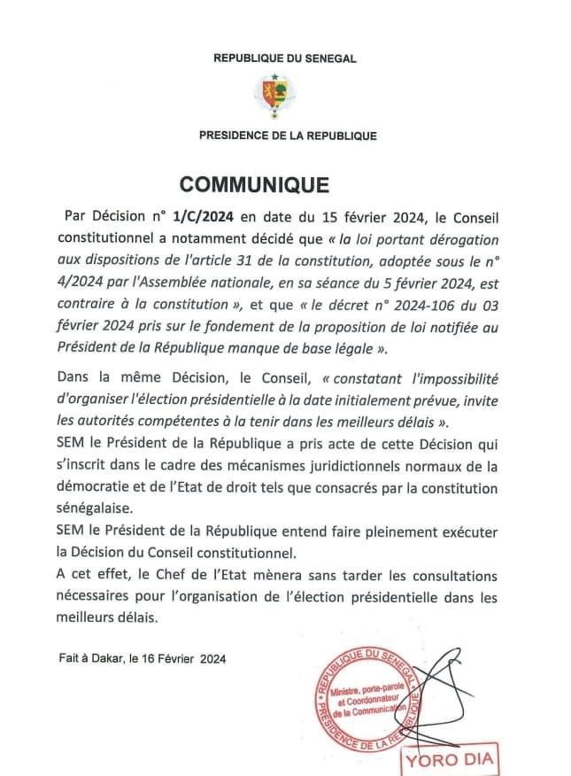 Décision du Conseil constitutionnel: Le président Macky Sall  va l'exécuter