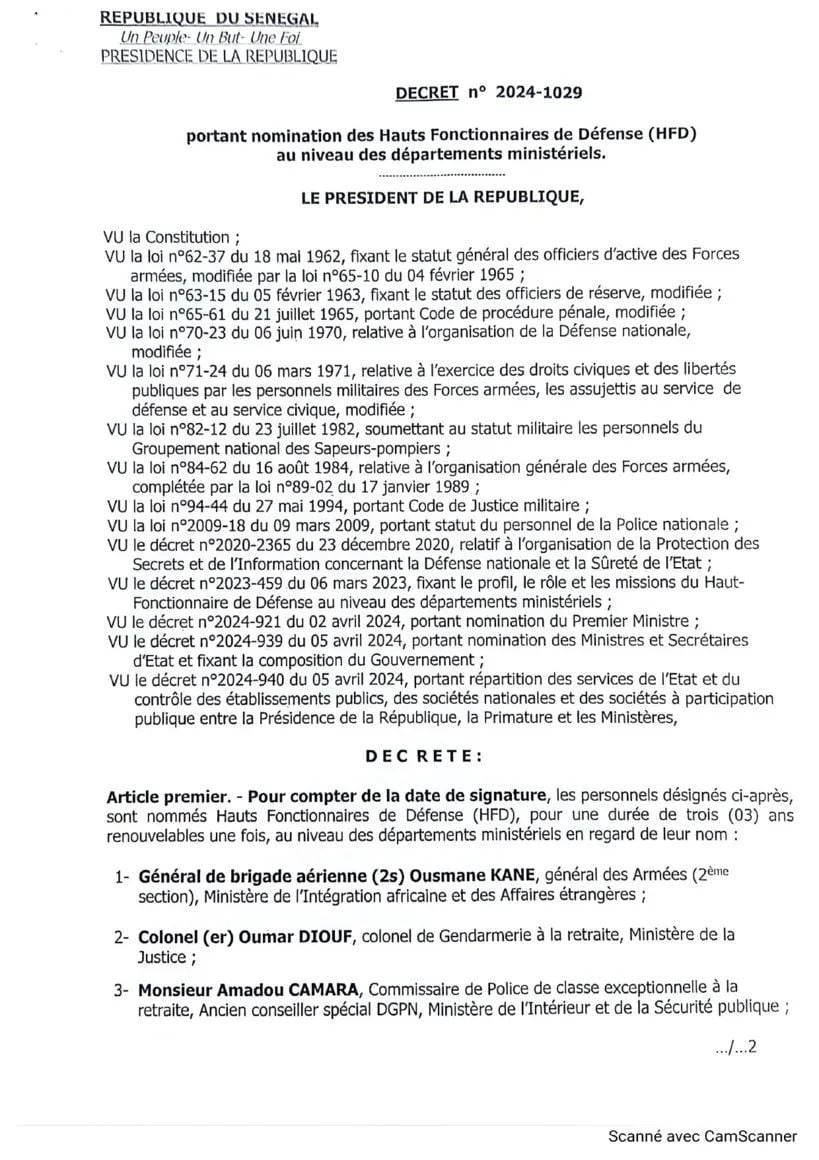 Nouvelles nominations de Hauts fonctionnaires de défense par le président Diomaye : 24 officiers supérieurs désignés
