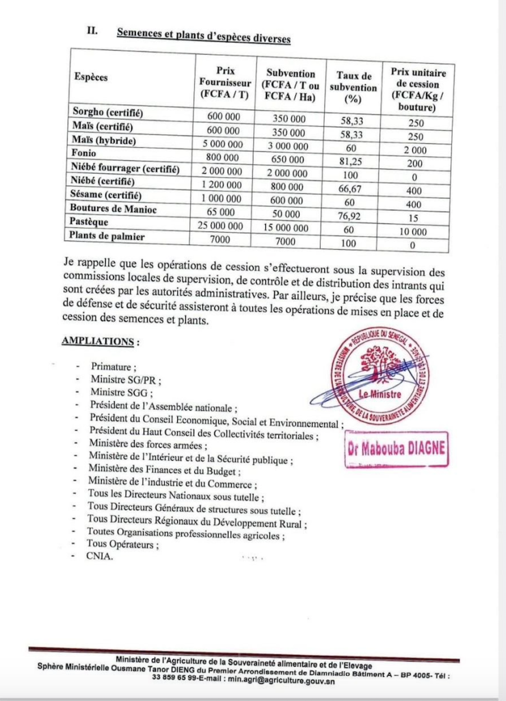 Tarifs des semences pour la nouvelle campagne agricole