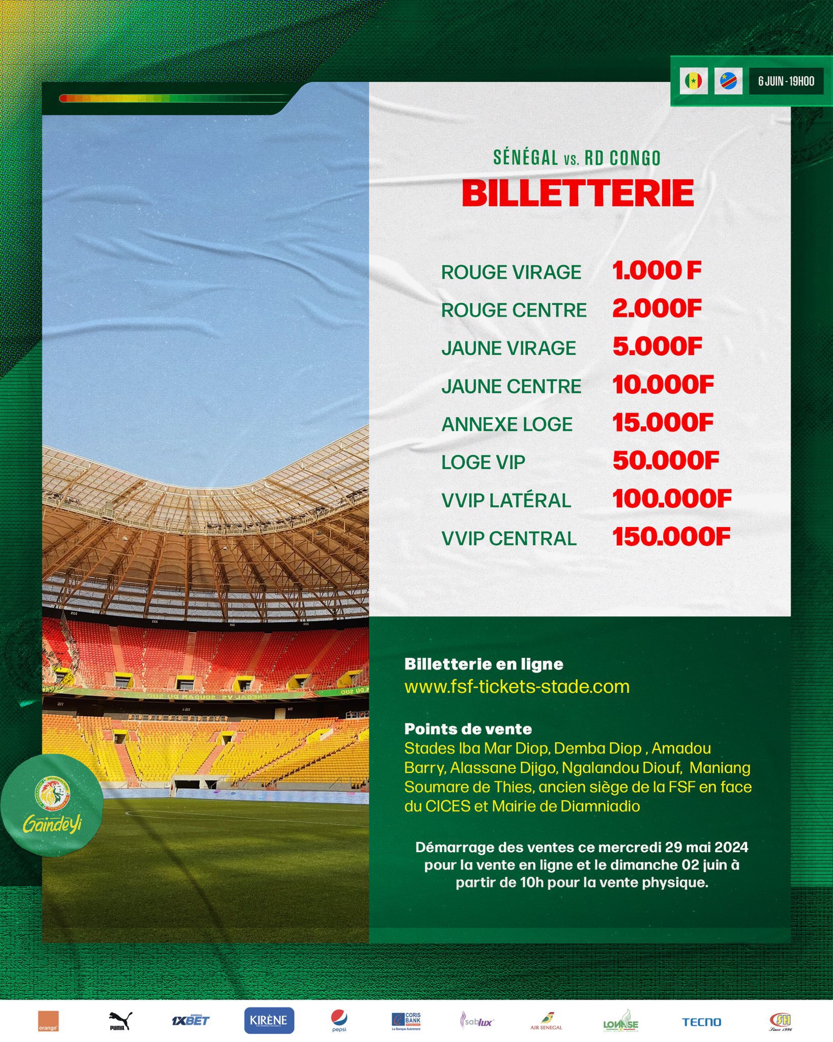 Prix des billets pour le match Sénégal vs RD Congo au Stade Abdoulaye Wade révélés