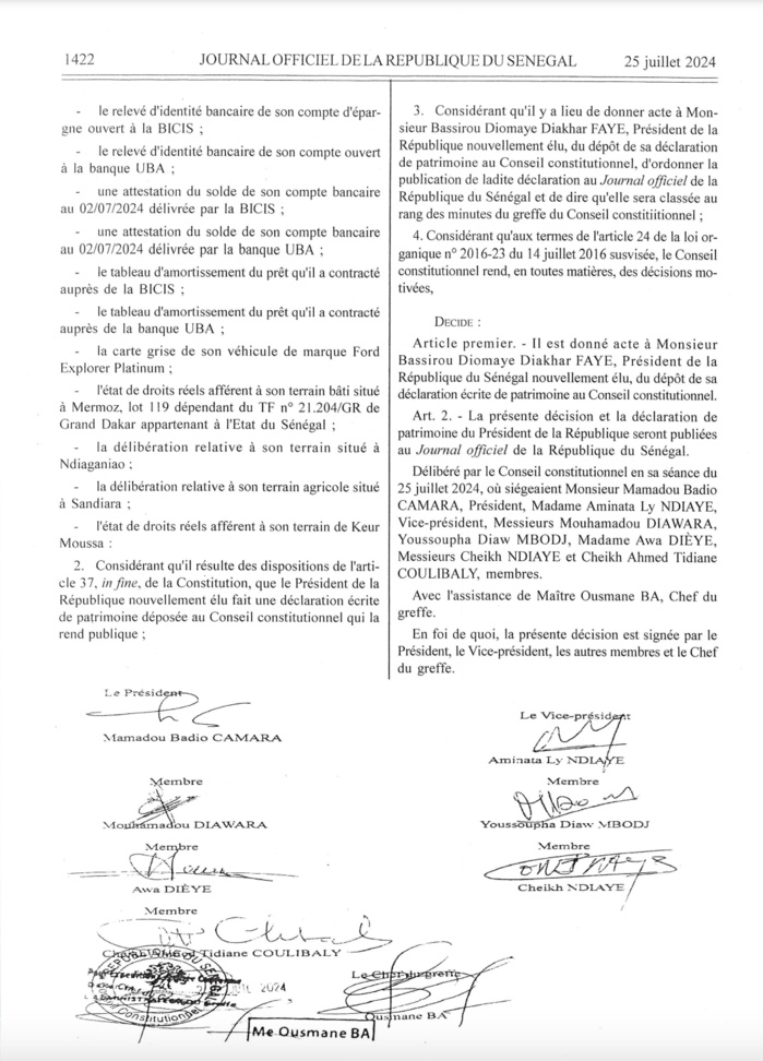 Publication Officielle : La Déclaration de Patrimoine du Président Bassirou Diomaye Diakhar Faye Publication Officielle : La Déclaration de Patrimoine du Président Bassirou Diomaye Diakhar Faye