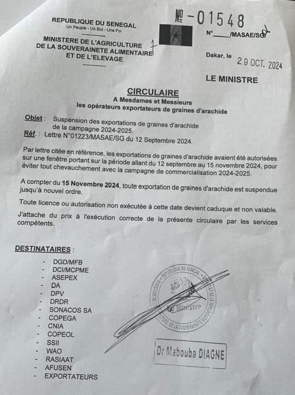 Suspension immédiate des exportations de graines d’arachide au Sénégal Suspension immédiate des exportations de graines d’arachide au Sénégal