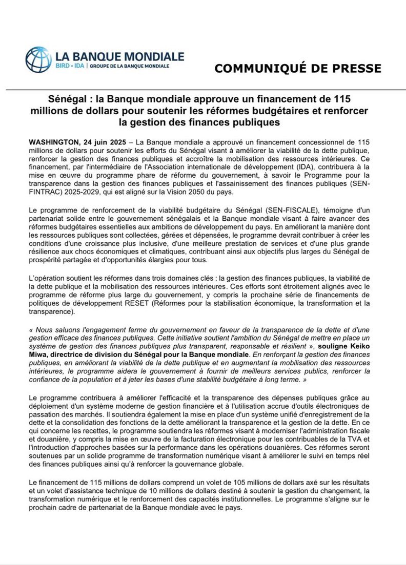 Réformes budgétaires : 115 millions $ de la Banque mondiale pour soutenir le Sénégal