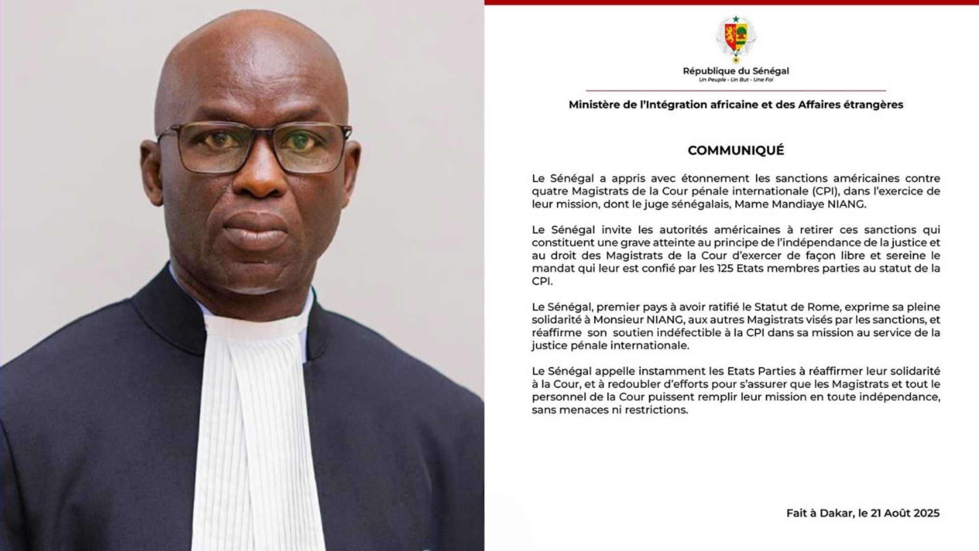 Sanctions américaines contre des juges de la CPI : le Sénégal exprime son étonnement et soutient Mame Mandiaye Niang