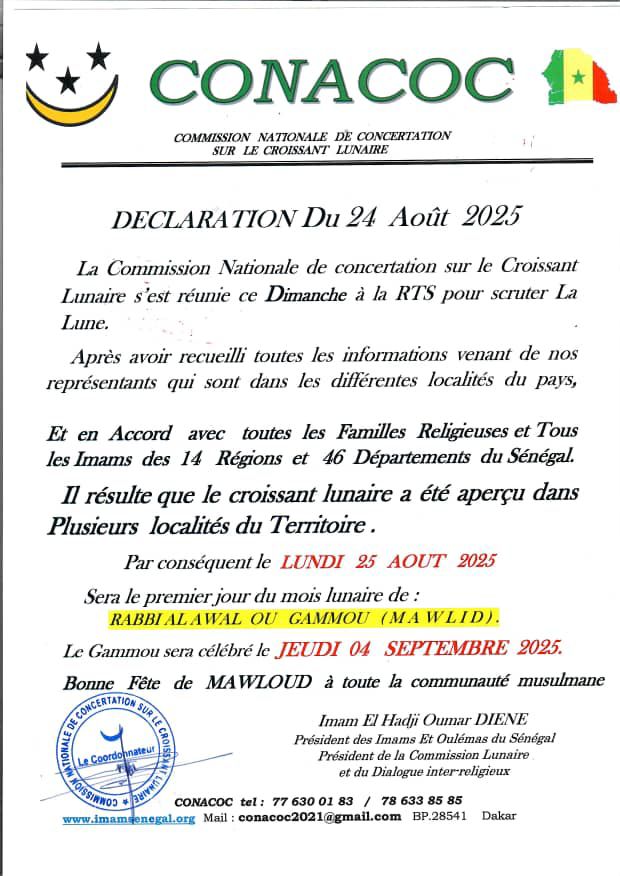 Apparition du croissant lunaire : le Gamou fixé au 4 septembre 2025 au Sénégal