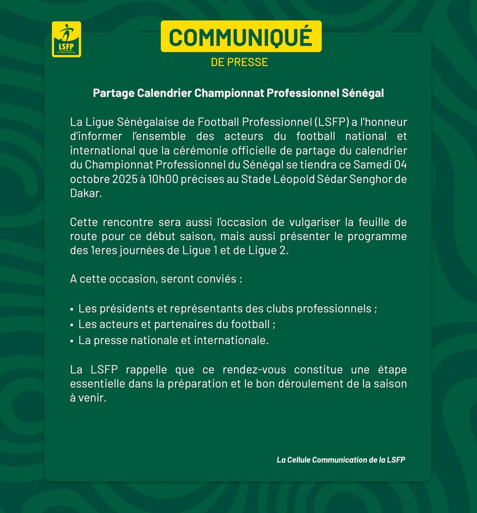 La Ligue sénégalaise de football professionnel : présentation du calendrier du championnat pro ce samedi à Dakar La Ligue sénégalaise de football professionnel : présentation du calendrier du championnat pro ce samedi à Dakar
