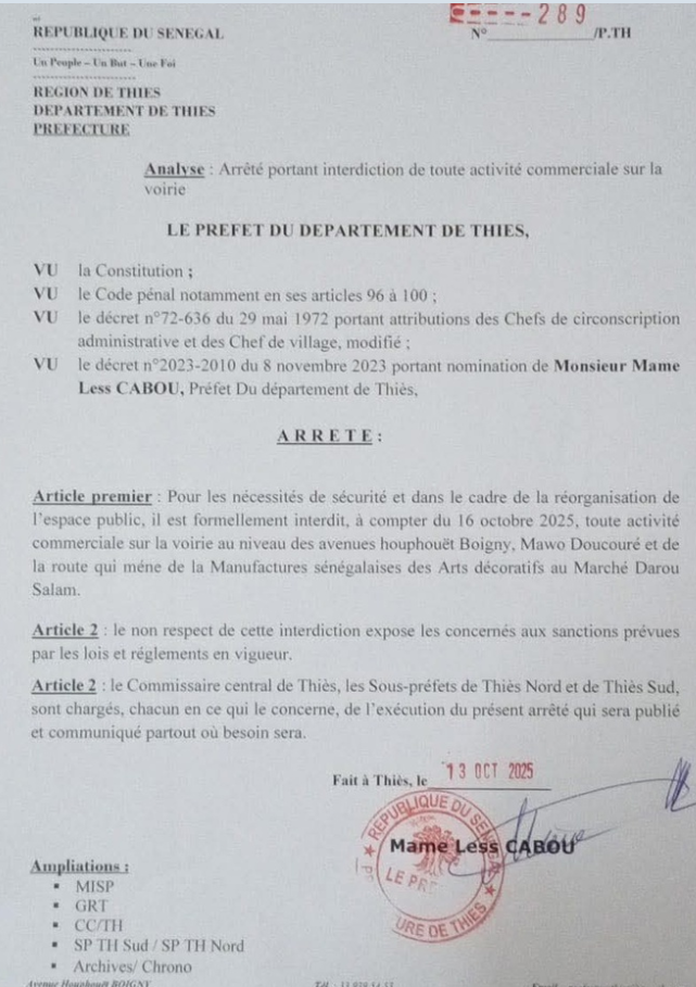 Thiès : Le préfet interdit toute activité commerciale sur plusieurs axes de la ville