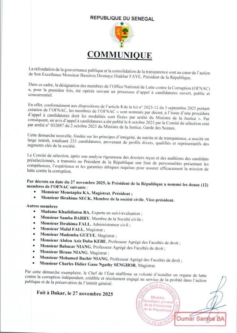Nomination des 12 membres de l’OFNAC : Moustapha Ka choisi pour diriger l’institution