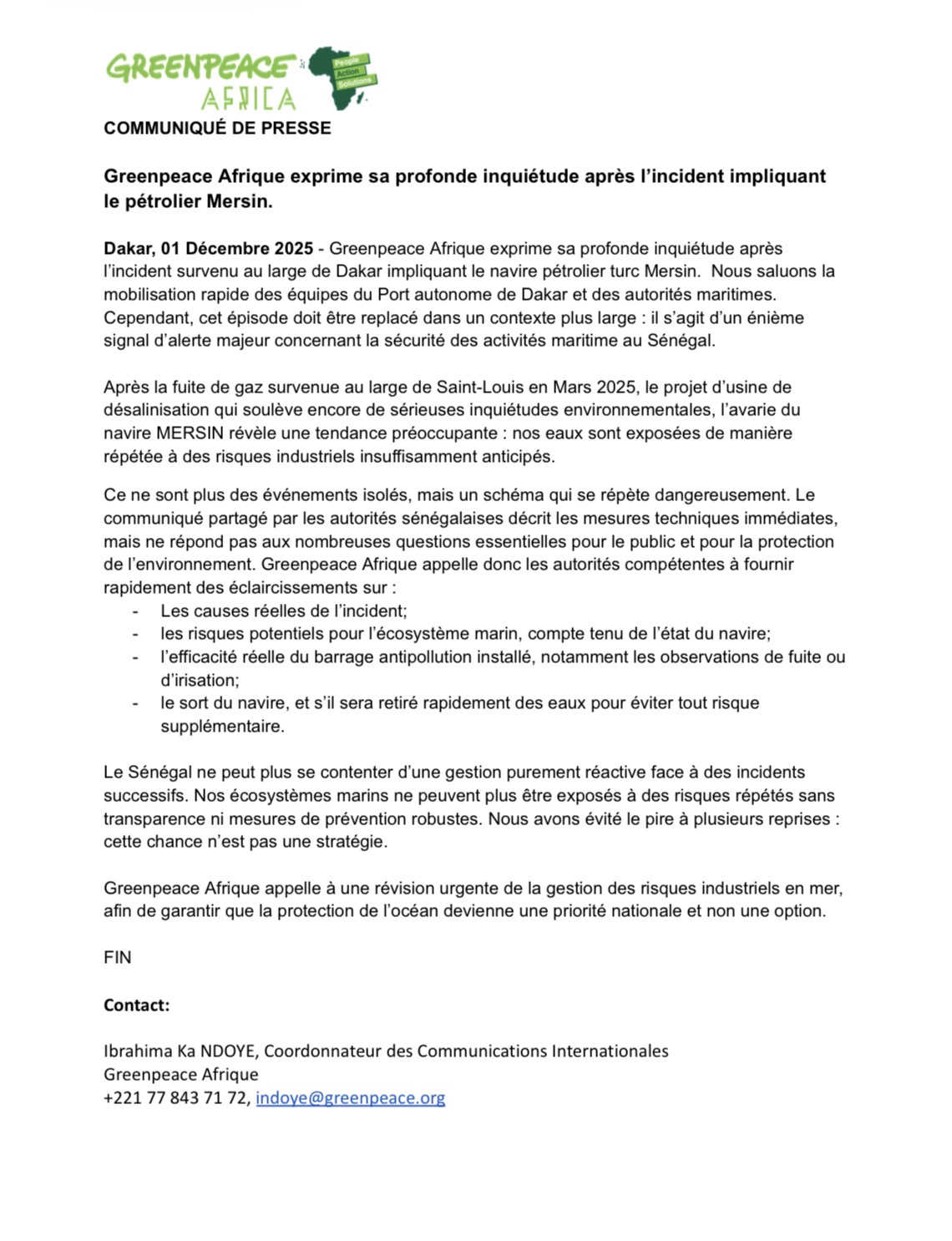 Incident du navire Mersin : Greenpeace Afrique demande plus de transparence et de prévention