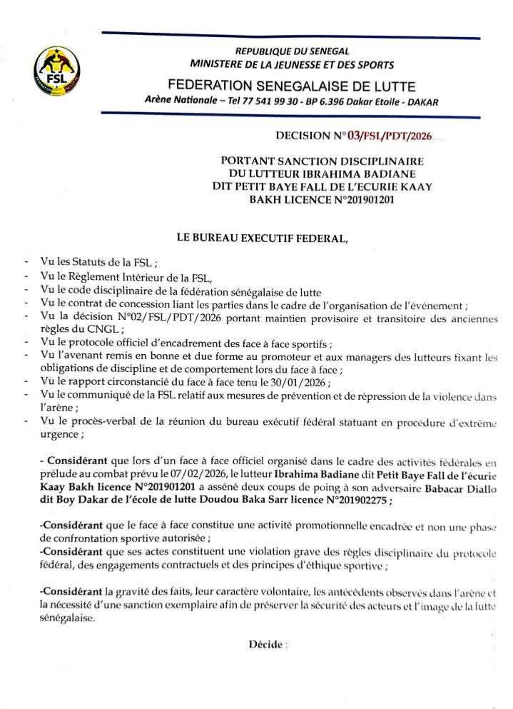 La Fédération Sénégalaise de Lutte inflige une suspension de trois ans ferme à Petit Baye Fall