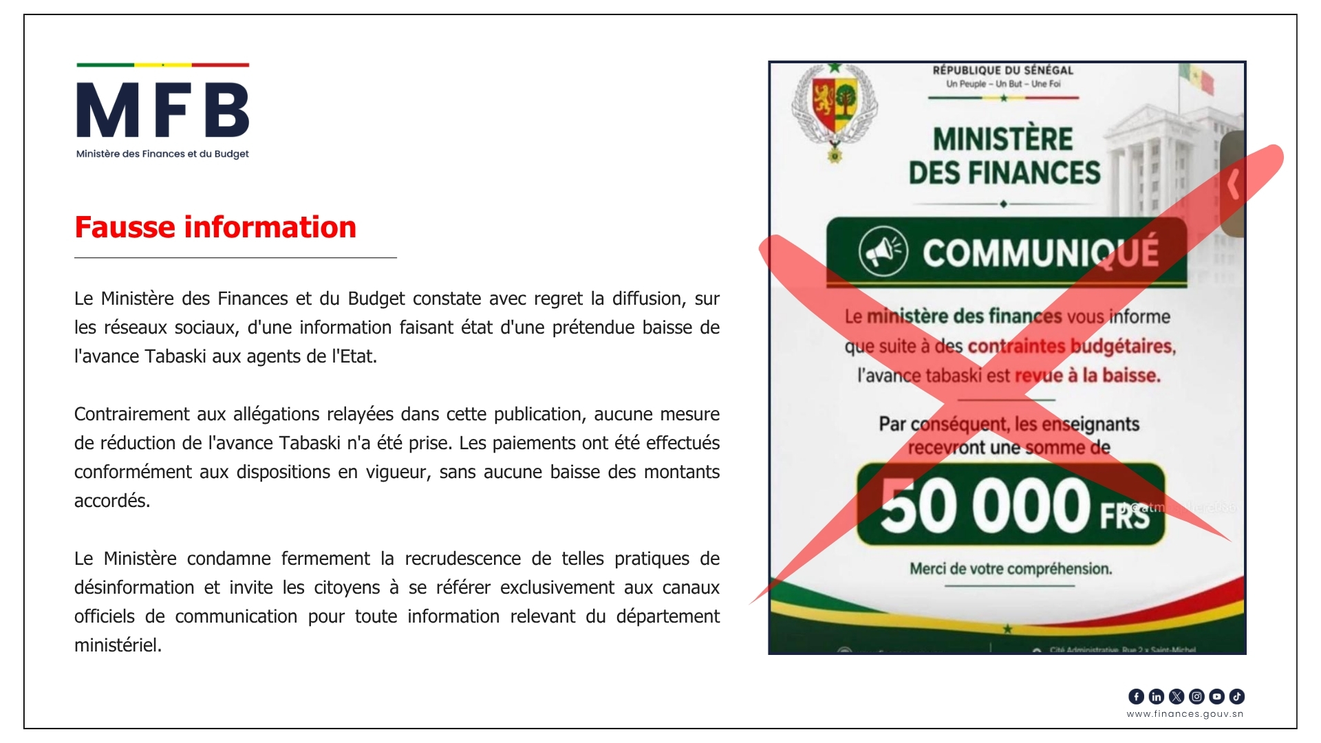 Le ministère des Finances dément toute baisse de l’avance Tabaski des agents de l’État