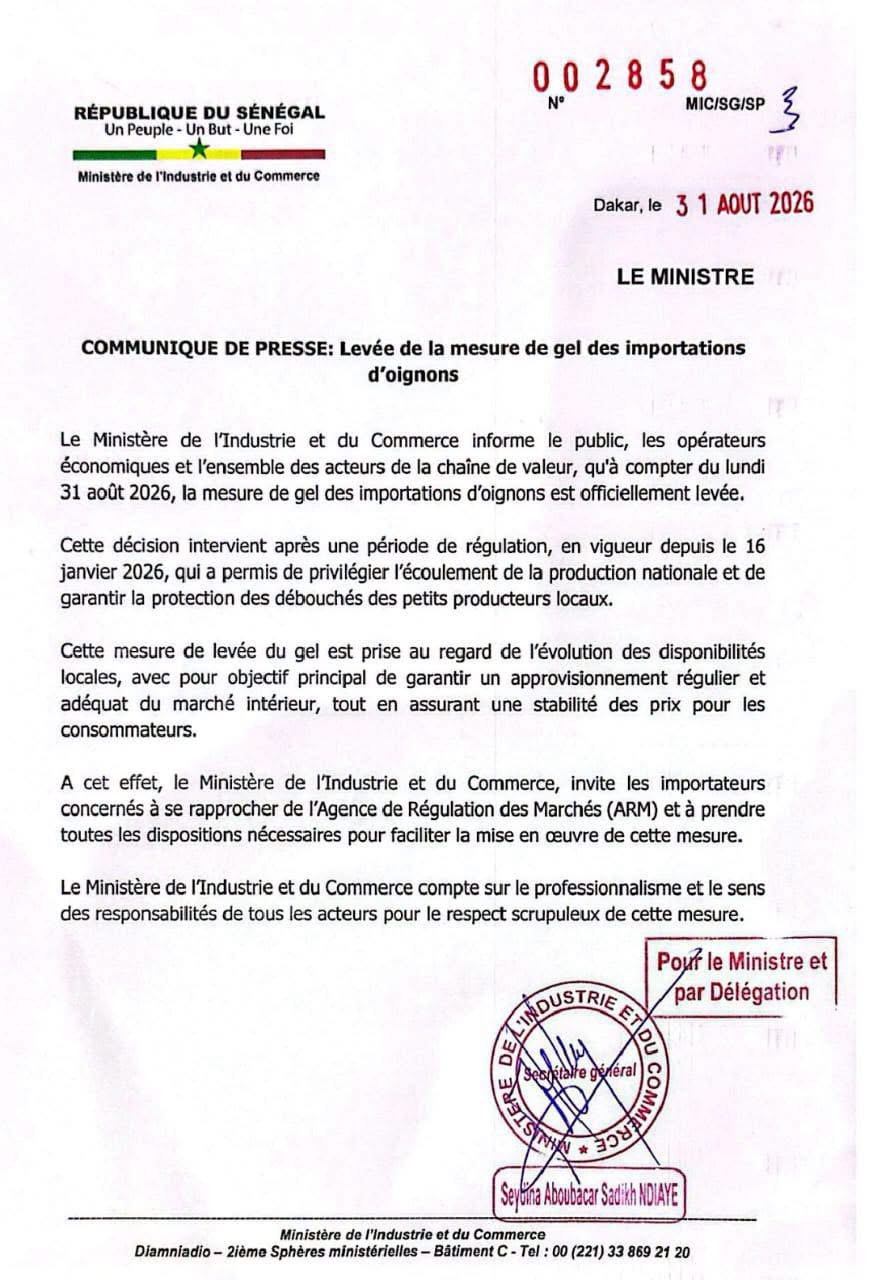 Sénégal : le gel des importations d’oignons officiellement levé