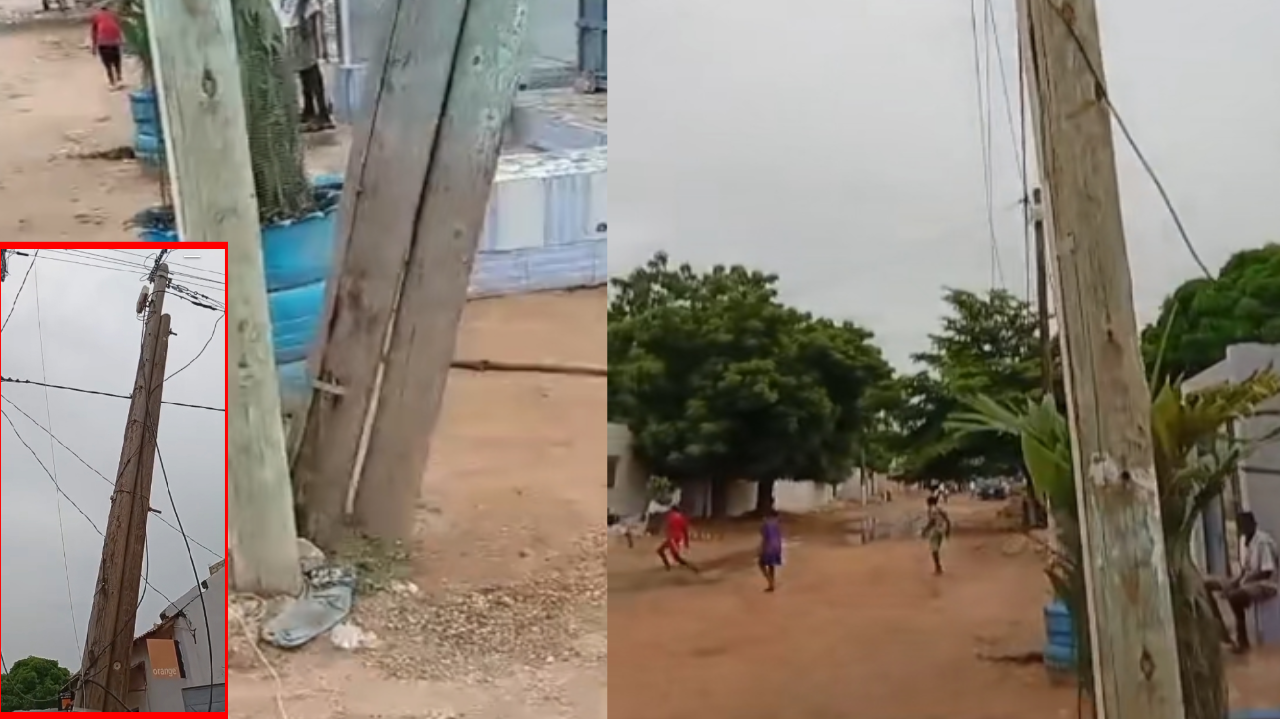 THIÈS – CITÉ LAMY : UN POTEAU TÉLÉPHONIQUE INCLINÉ MENACE LES ENFANTS THIÈS – CITÉ LAMY : UN POTEAU TÉLÉPHONIQUE INCLINÉ MENACE LES ENFANTS