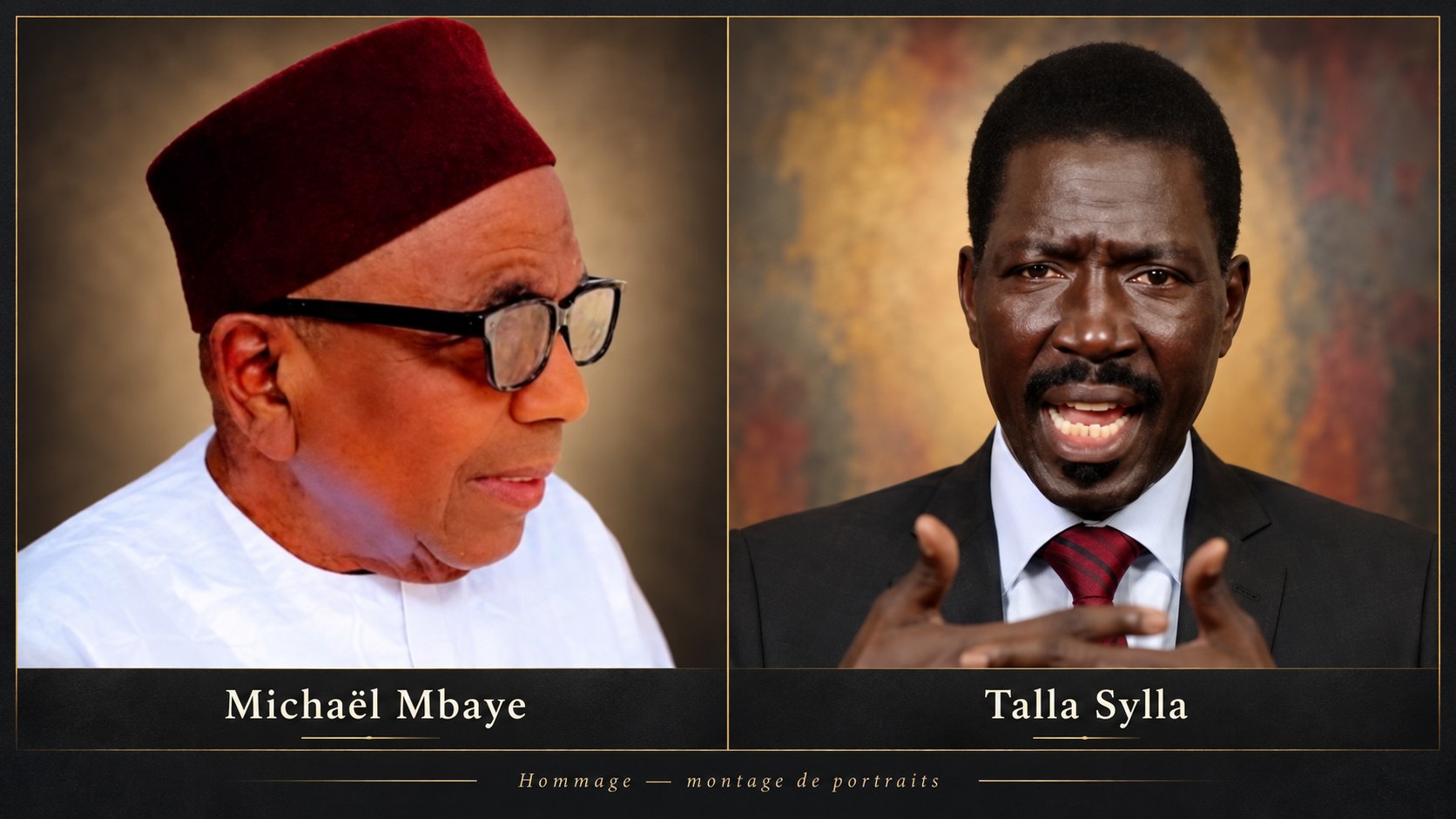 Michaël Mbaye et Talla Sylla. Montage d’hommage réalisé avec l’aide de l’IA à partir de portraits distincts ; il ne représente pas une rencontre. Sources des images : Seneweb (Michaël Mbaye) et archives Thièsinfo (Talla Sylla).