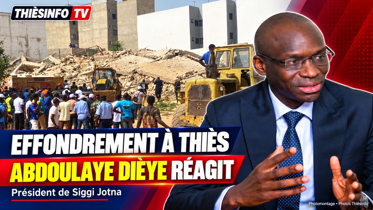 Photomontage Thièsinfo : portrait d’archives d’Abdoulaye Dièye et image de l’immeuble effondré à Thiès le 27 octobre 2026.