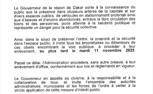 Dakar : le gouverneur ordonne le retrait des véhicules et épaves abandonnés sur la voie publique avant le 11 novembre Dakar : le gouverneur ordonne le retrait des véhicules et épaves abandonnés sur la voie publique avant le 11 novembre
